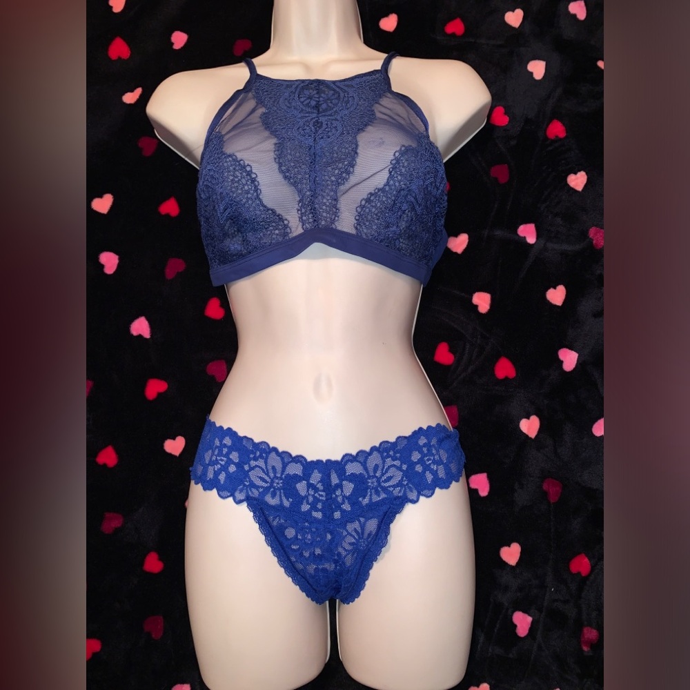 Victoria's Secret Navy Blue Sheer Lace Bralette & Lace Bikini New